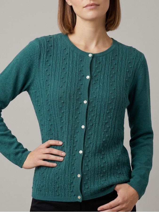 Teal Cable-Knit Button Cardigan Sweater